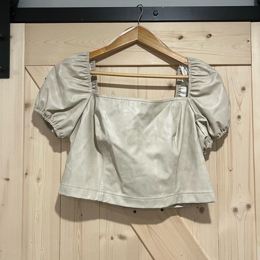 NWT 7 for all Mankind Faux Leather Crop Top in Cream, Size Large.